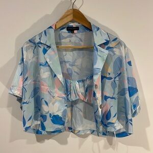 Cotton Candy Blue Pajama Top with Floral Print and Short Sleeves